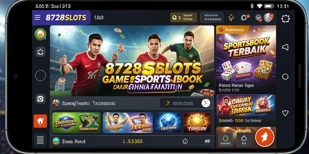 Screenshot utama 8728SLOTS menunjukkan tampilan antarmuka menarik permainan Sportsbook.
