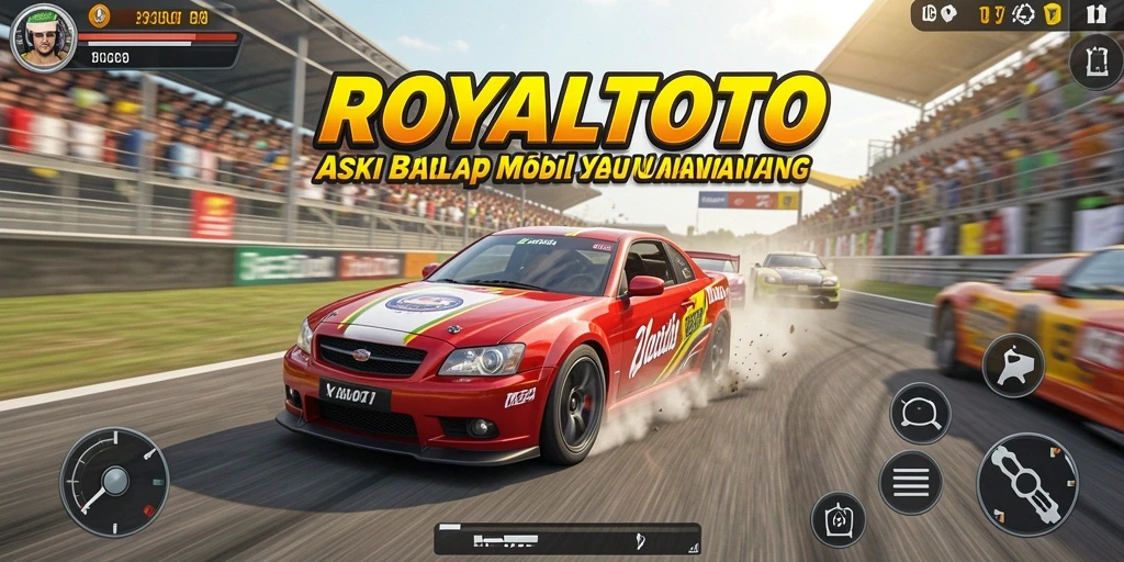 Gameplay seru ROYALTOTO dengan mobil balap di lintasan.